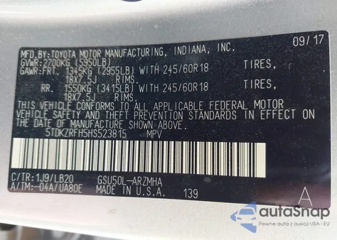 2017 Toyota Highlander Xle из США, поврежденный, VIN 5TDKZRFH5HS523815